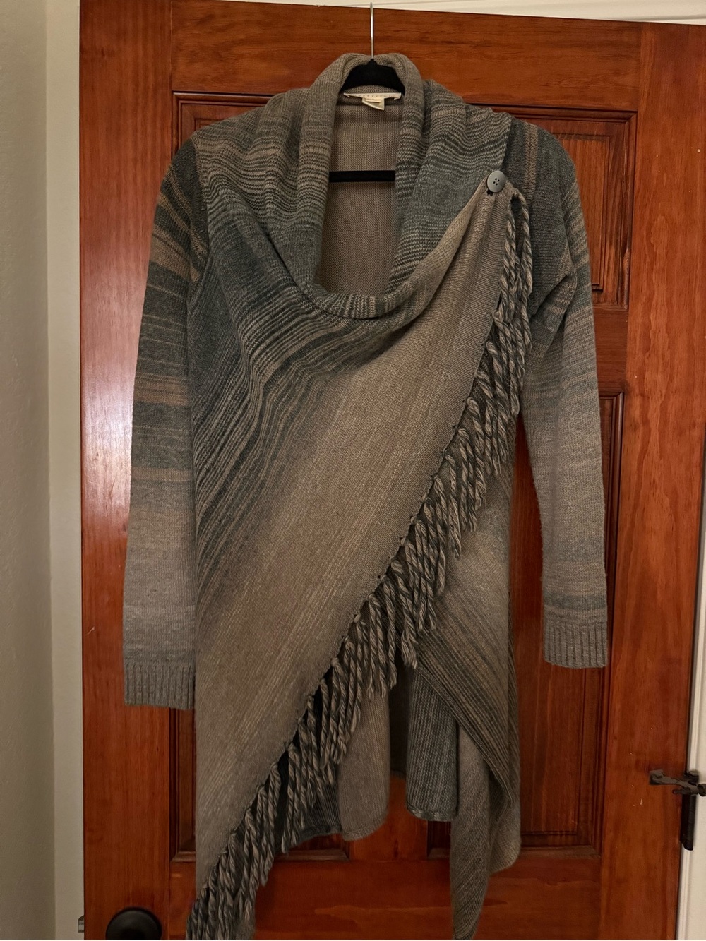 lovestitch Two-Tone Draped Fringe Cardigan - Gray/Taupe